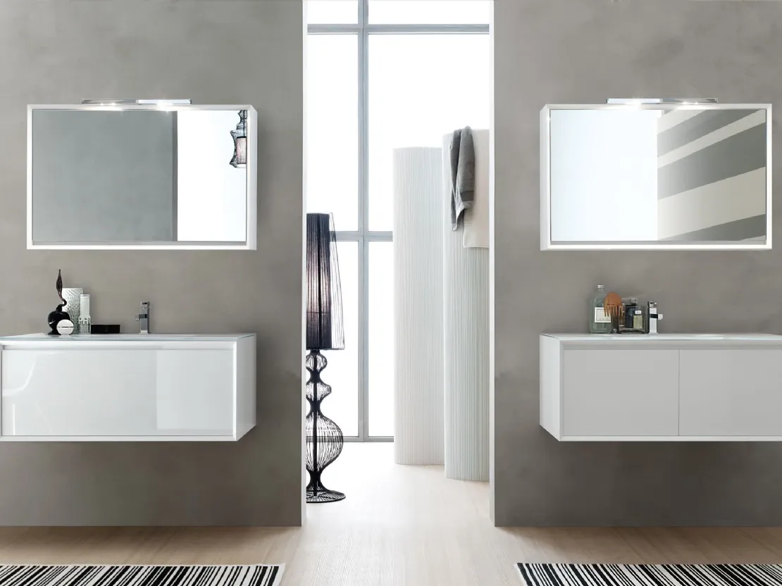 Mobile da Bagno sospeso laccato lucido con top in cristallo Bianco E-45 07 di Arcom