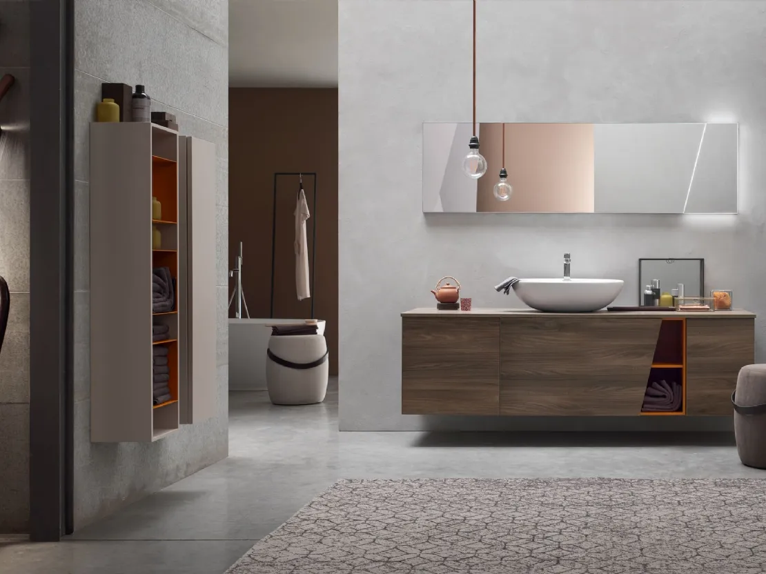 Mobile da Bagno sospeso in Olmo marrone con vano a giorno laccato Mattone opaco E-Ly 77 di Arcom