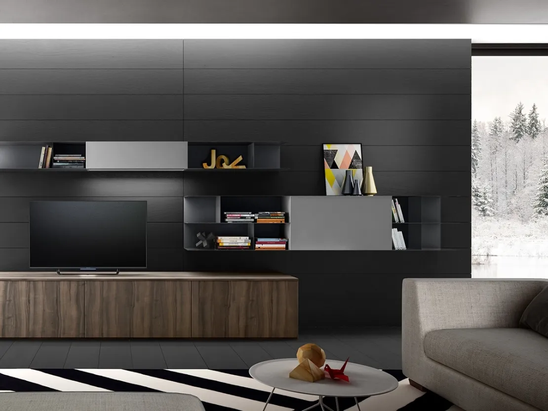 Parete Attrezzata Living 06 in laminato effetto legno e laccato Grigio opaco di Arredo3