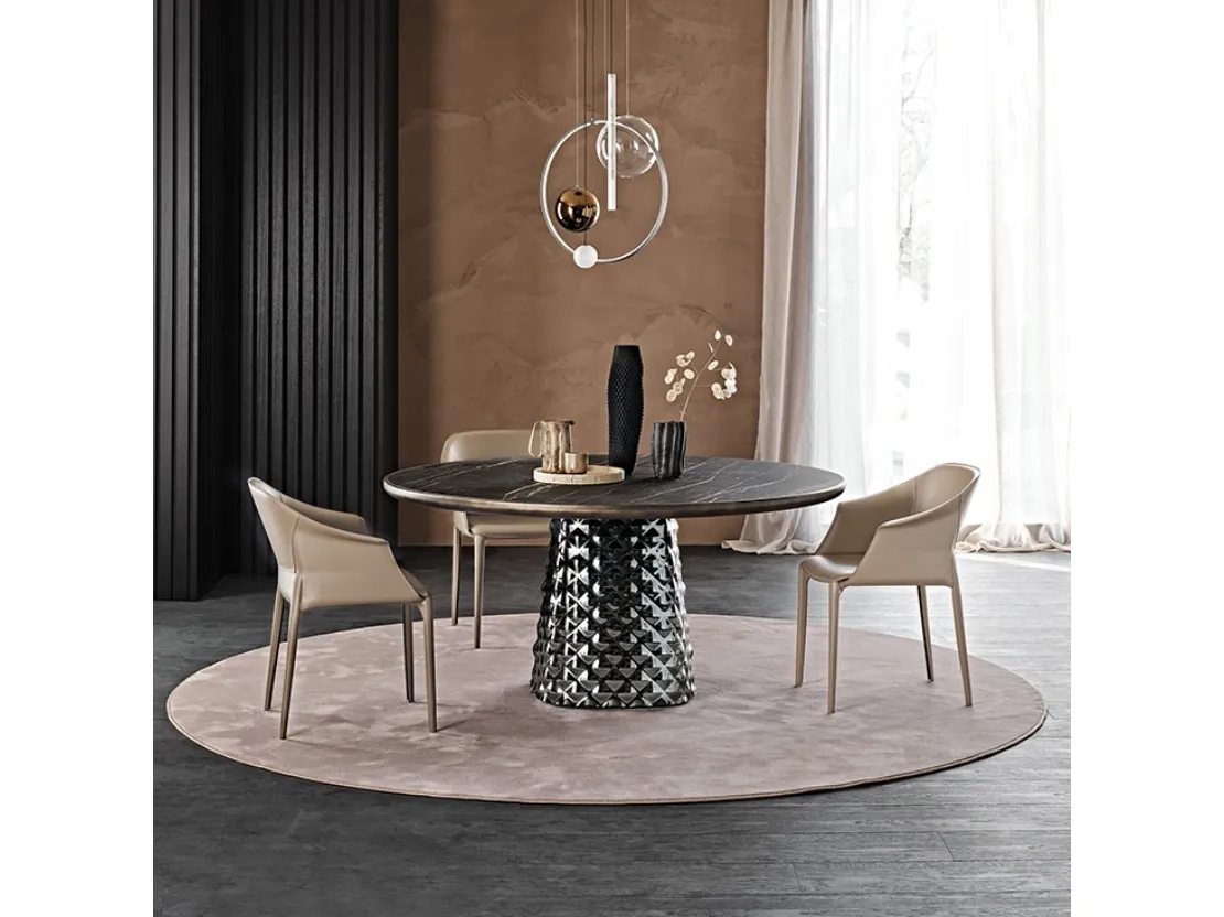 Tavolo con base in cristallo specchiato e piano in ceramica Atrium Keramik Premium Round di Cattelan Italia