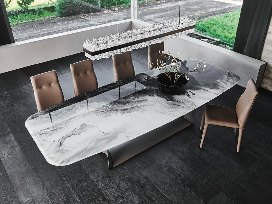 Tavolo con base in acciaio e piano in cristallo con stampa Dragon Crystalart di Cattelan Italia