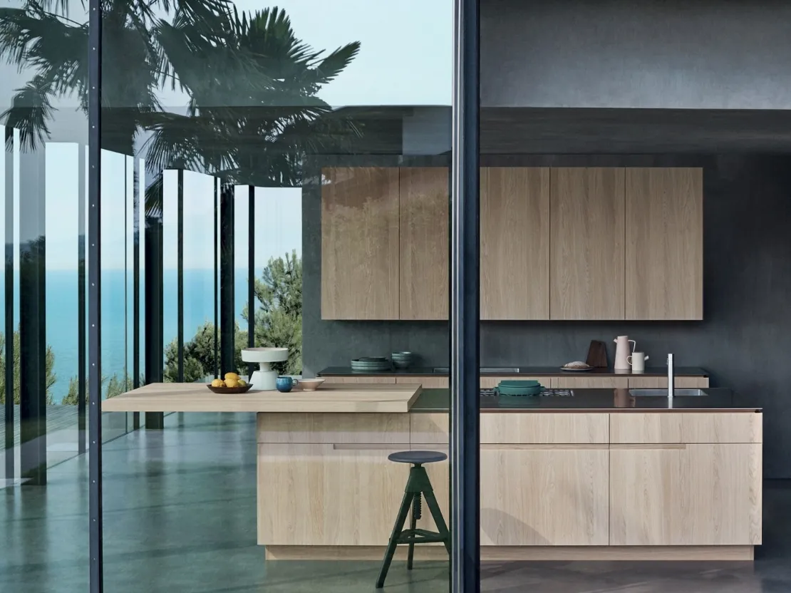 Cucina Design lineare con penisola N_Elle Living by the sea in essenza di Rovere Nordico di Cesar