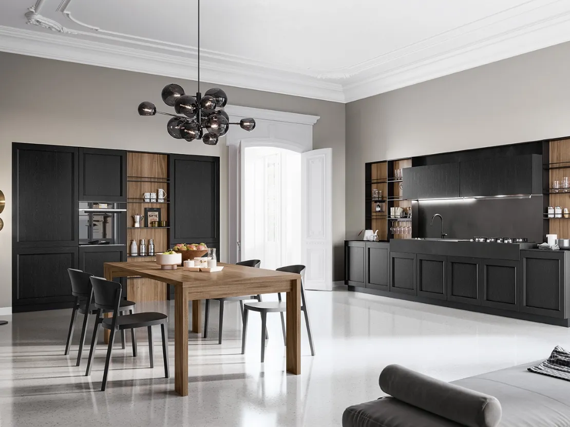 Cucina Moderna lineare in laccato poro aperto Nero e finitura Noce America Frida Modern di Arredo3