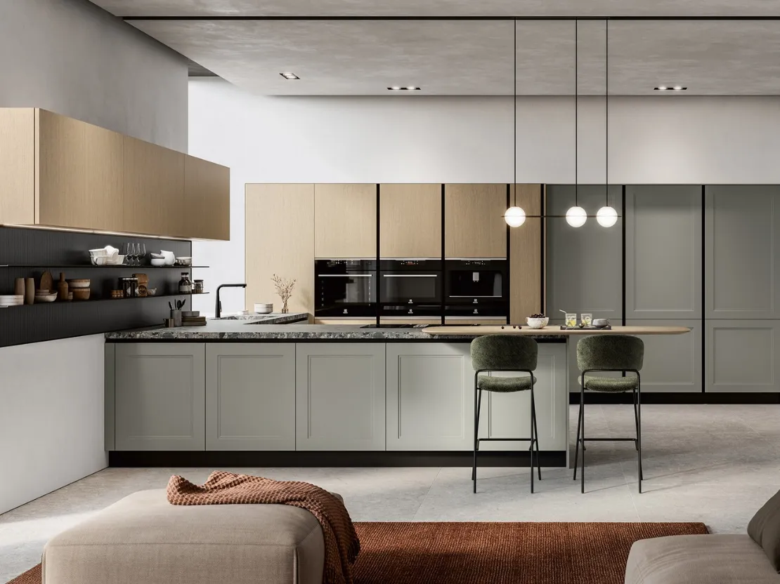 Cucina Moderna in laccato e impiallacciato con penisola Meg di Arredo3