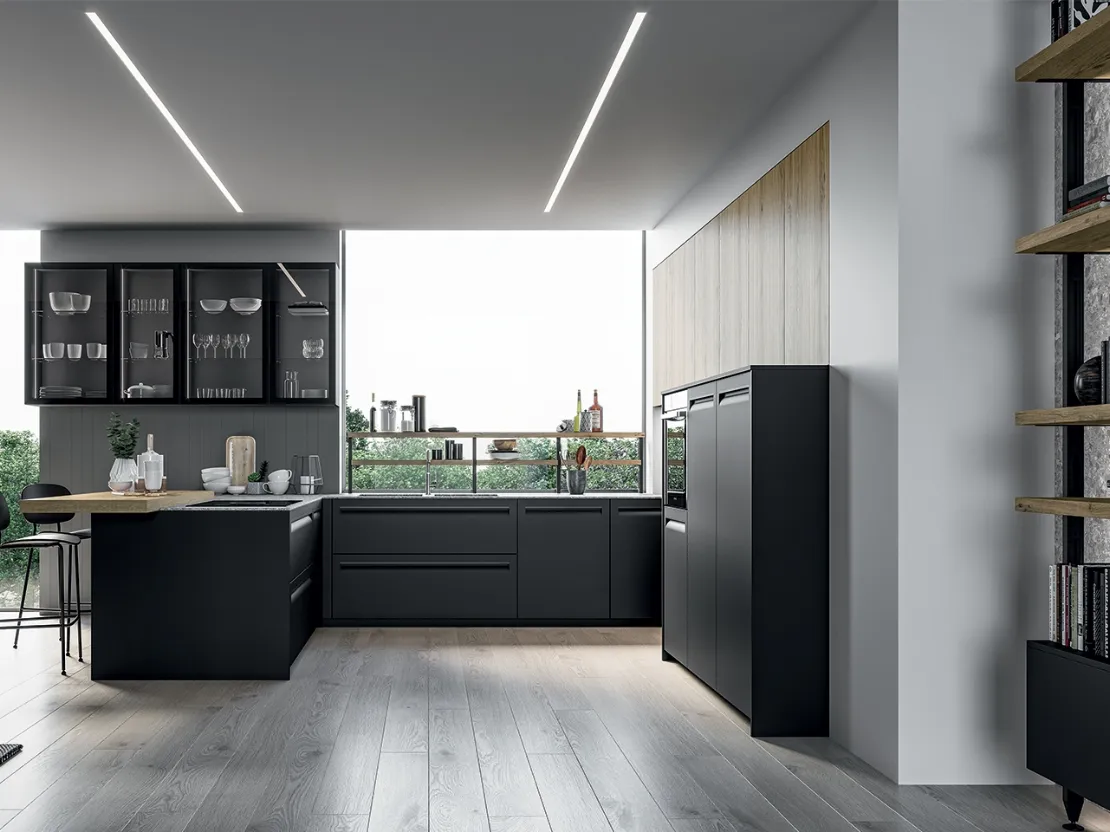 Cucina Moderna angolare Tekna in polimerico Nero opaco e laminato Rovere biondo di Arredo3