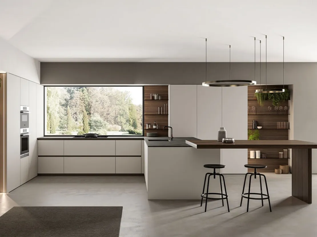 Cucina Moderna angolare laccato opaco Nebbia con penisola in Eucalipto Noce Time di Arredo3
