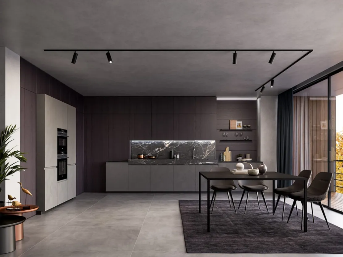 Cucina Moderna lineare in laminato Resina Cromo e impiallacciato Coke con top in ceramica effetto Marmo Nero rigato Wega di Arredo3